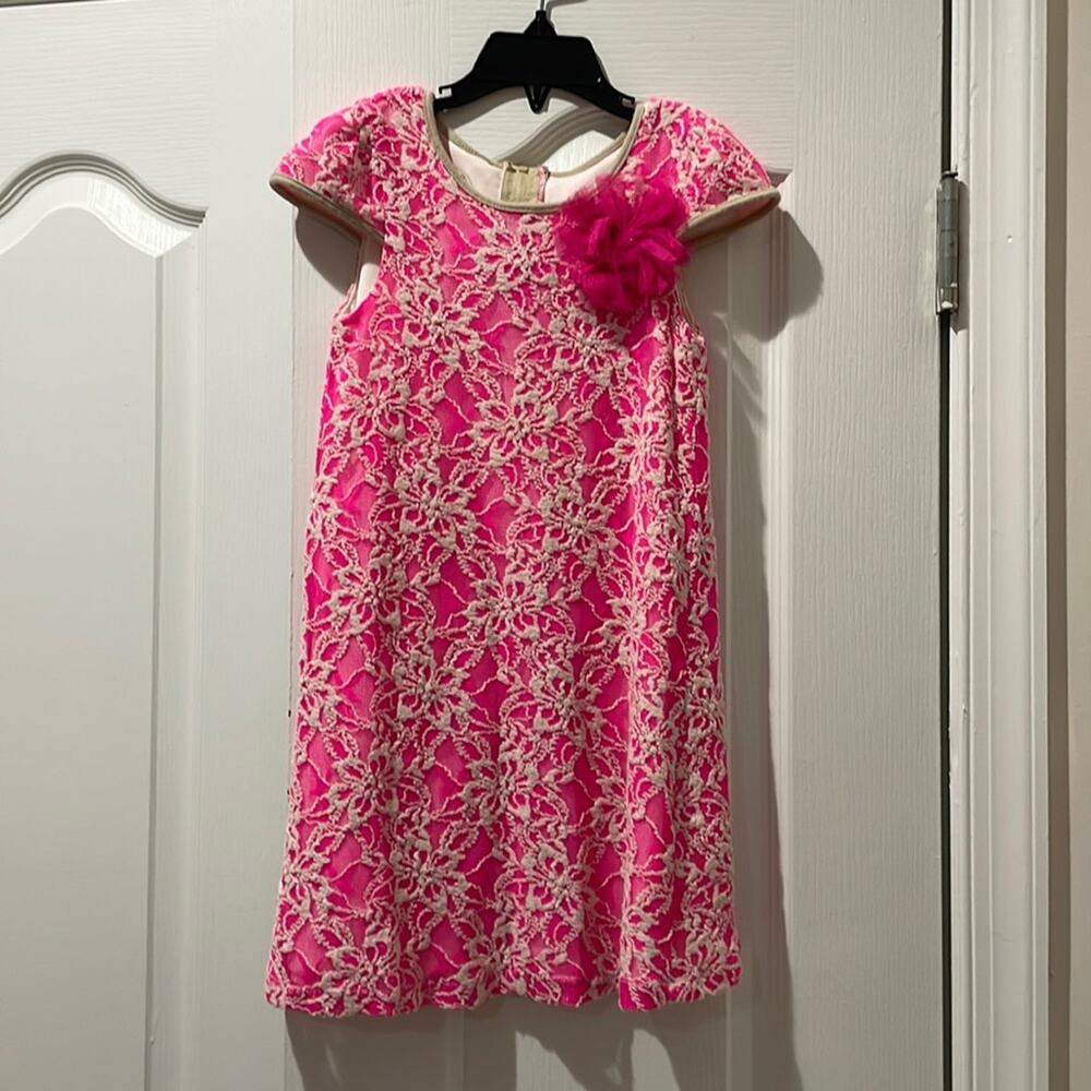 Pippa & Julie 6 hot bright pink nude lace short sleeve a line dress w/flower euc